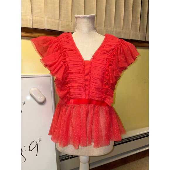 NEW Geisha Designs Anthropologie Ruffled Tulle Sheer Velvet-Trim V-Neck Blouse - Picture 5 of 16